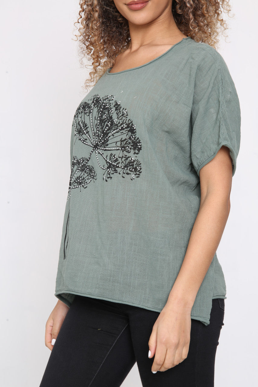 Ladies Dandelion Outline Top Khaki