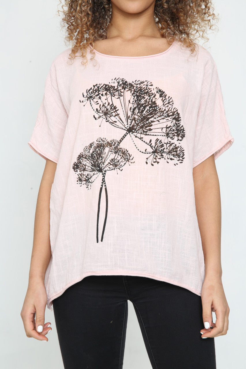 Ladies Dandelion Outline Top Dusty Pink