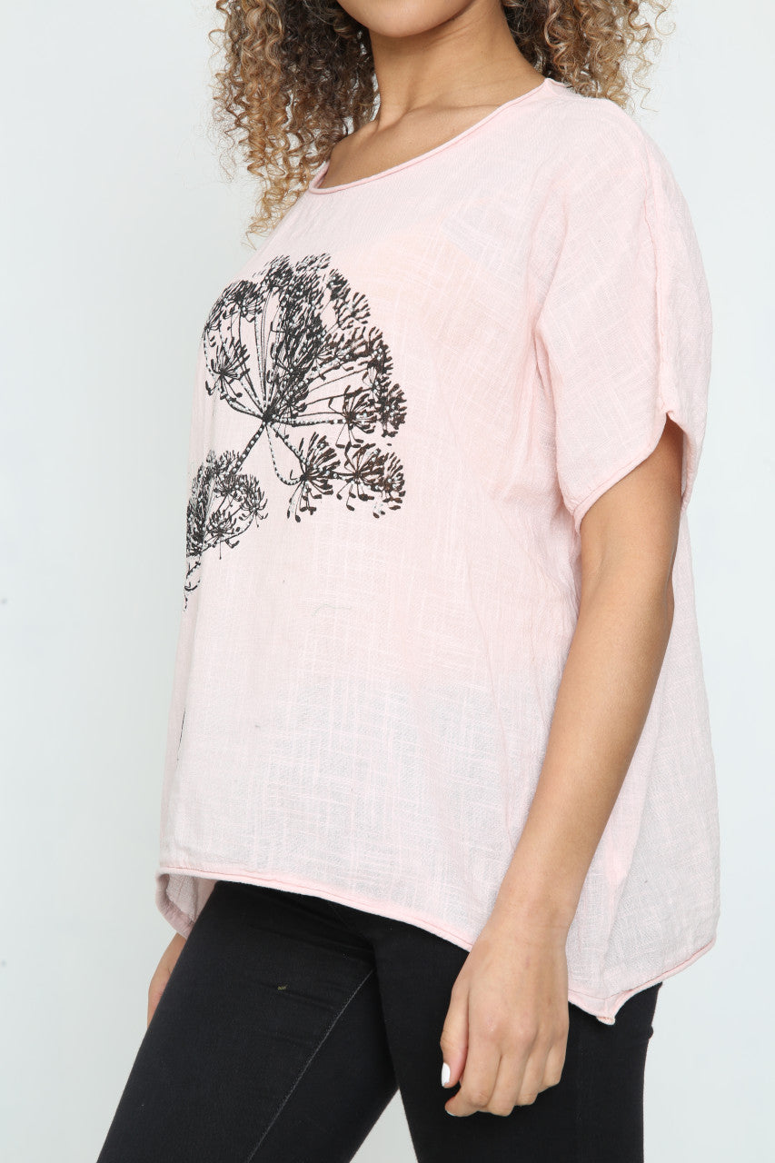 Ladies Dandelion Outline Top Dusty Pink