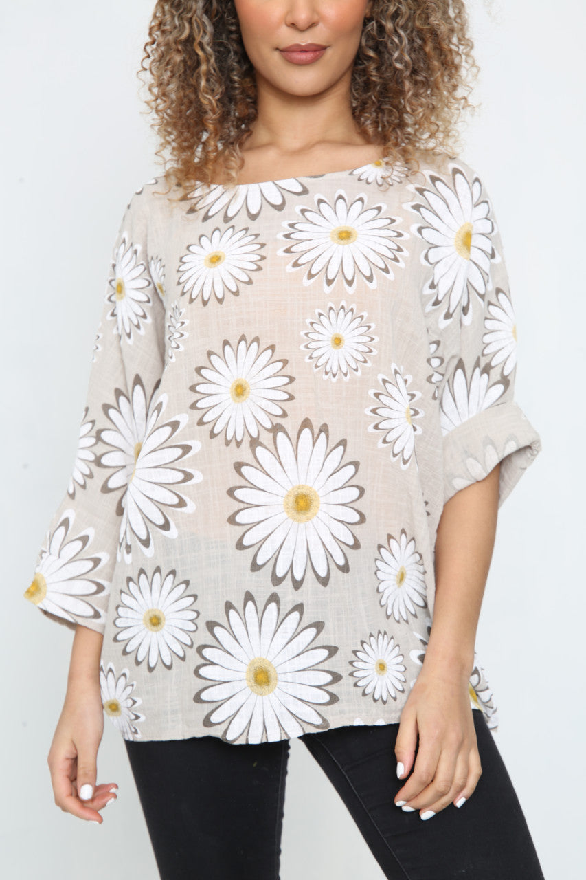 Ladies Daisy Flowers Print Top Stone