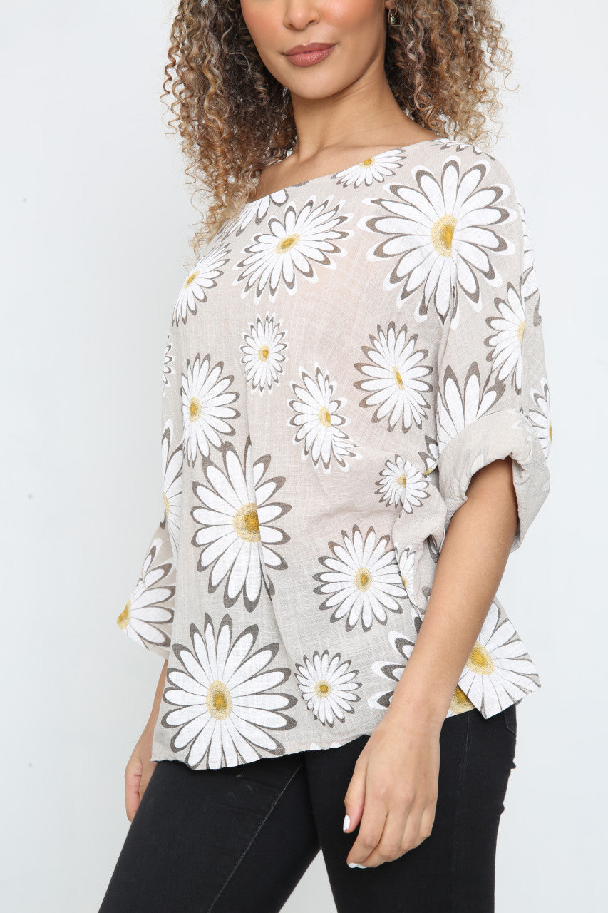 Ladies Daisy Flowers Print Top Stone