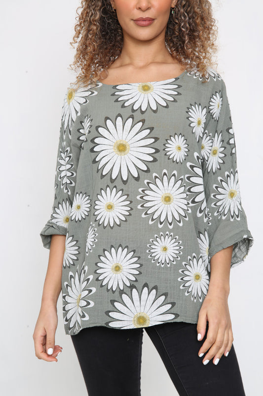 Ladies Daisy Flowers Print Top Khaki