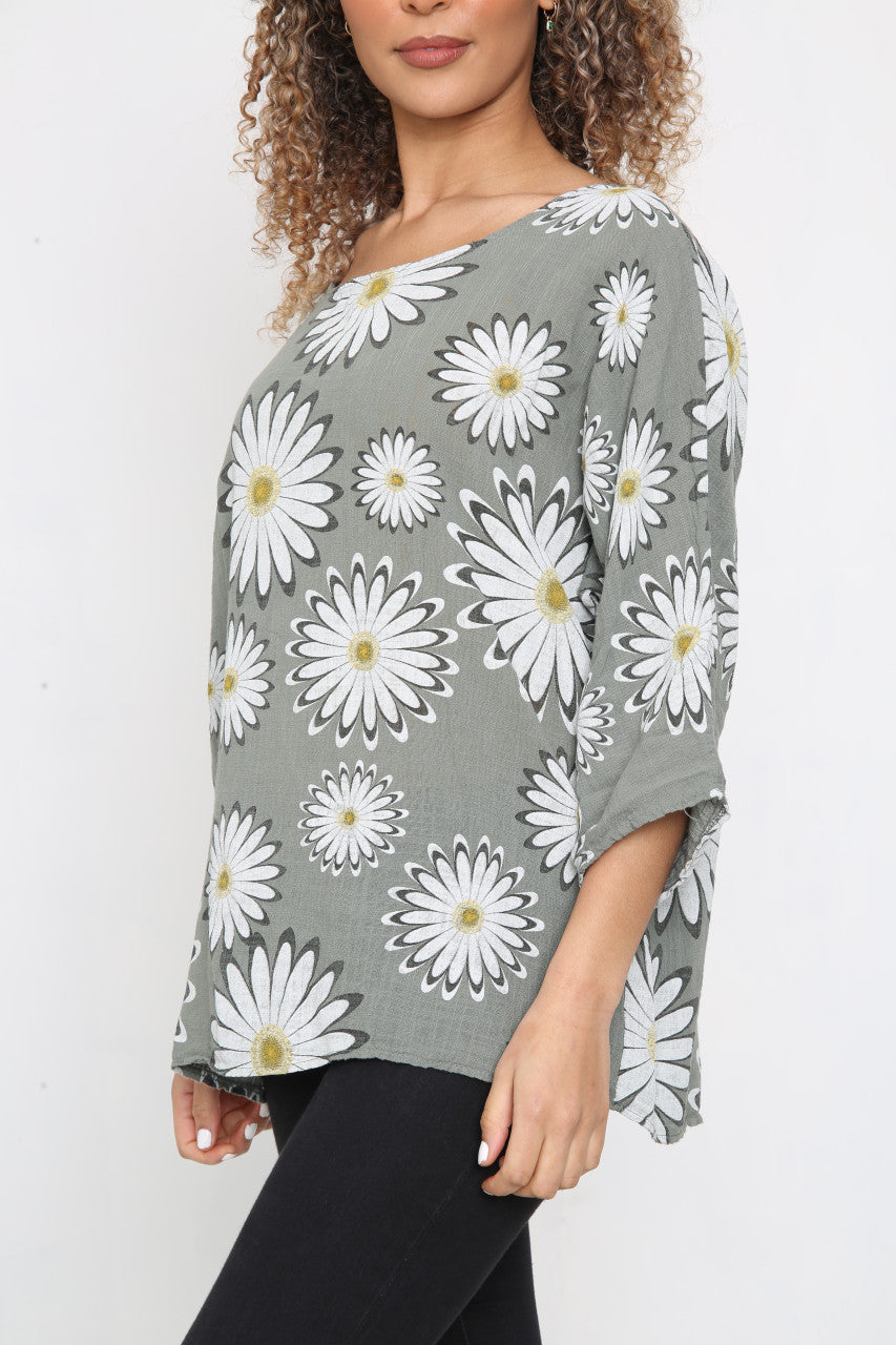 Dames top met madeliefjesprint kaki