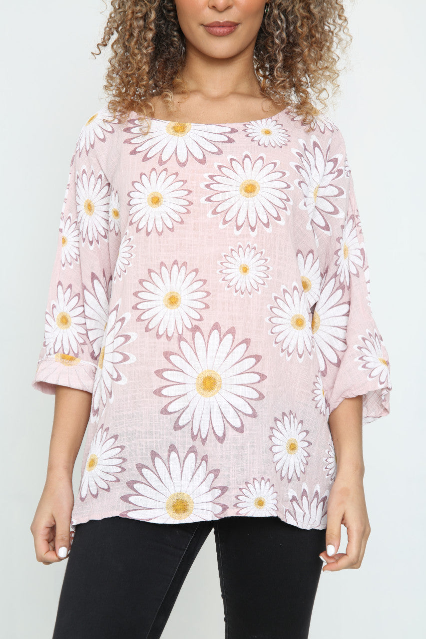 Ladies Daisy Flowers Print Top Dusty Pink