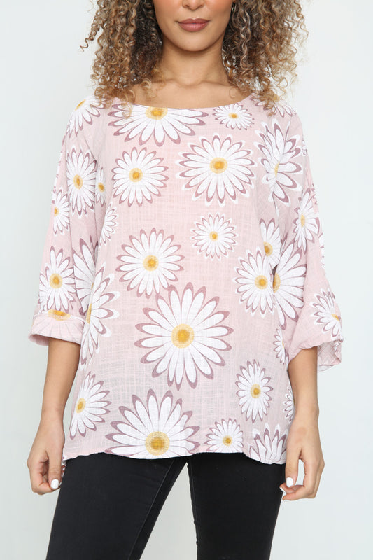 Ladies Daisy Flowers Print Top Dusty Pink
