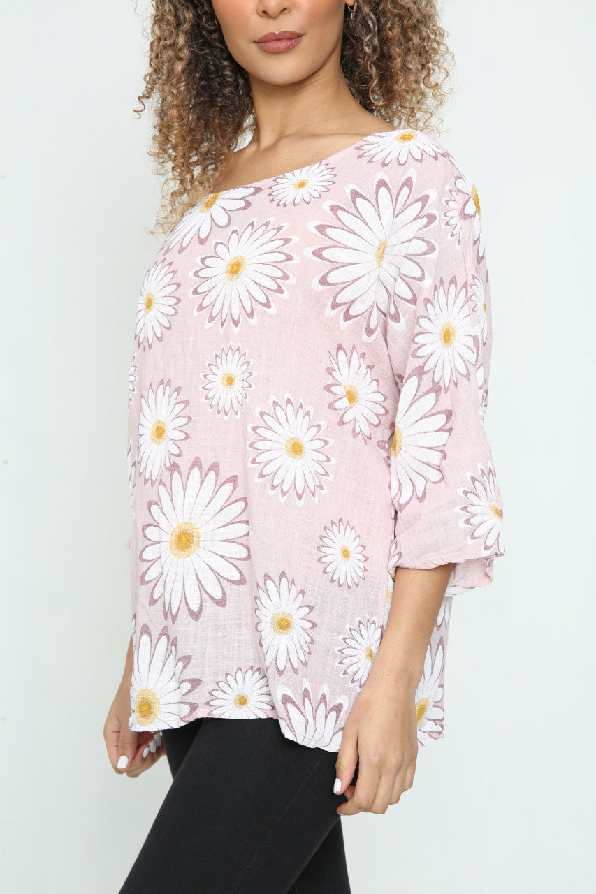 Ladies Daisy Flowers Print Top Dusty Pink