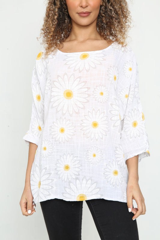 Ladies Daisy Flowers Print Top White