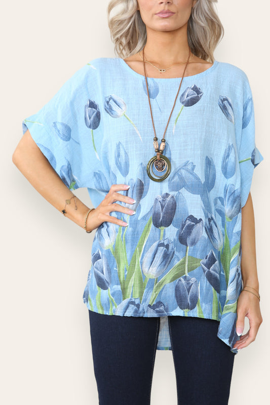 TULPENRAND PRINT TOP LICHTBLAUW