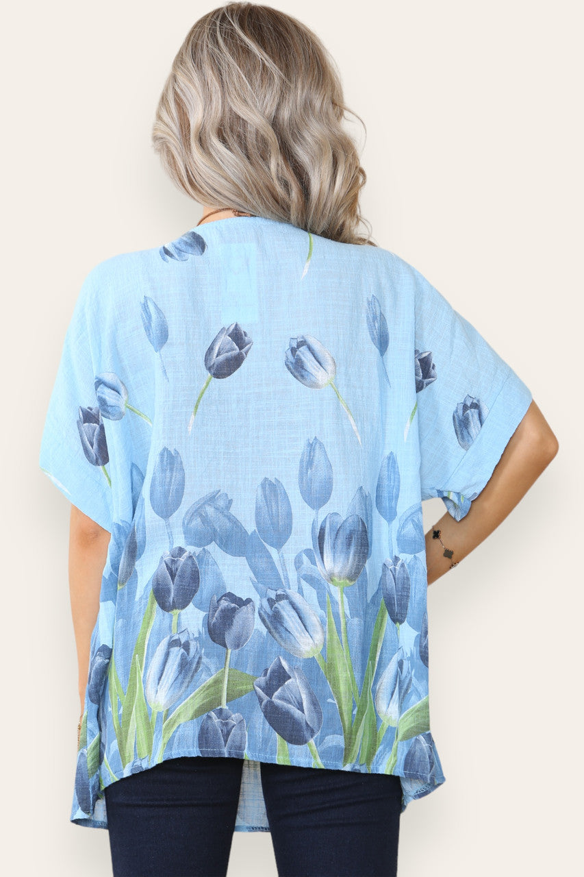 TULPENRAND PRINT TOP LICHTBLAUW