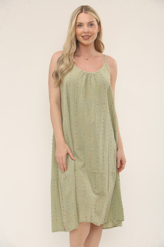MULTICOLOUR STRIPE EMBROIDERY STRAPPY DRESS - SAGE GREEN