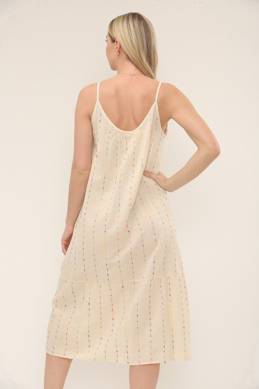 MULTICOLOUR STRIPE EMBROIDERY STRAPPY DRESS - CREAM