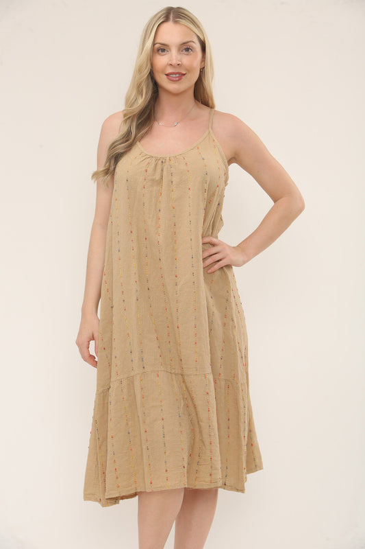 MULTICOLOUR STRIPE EMBROIDERY STRAPPY DRESS - CAMEL