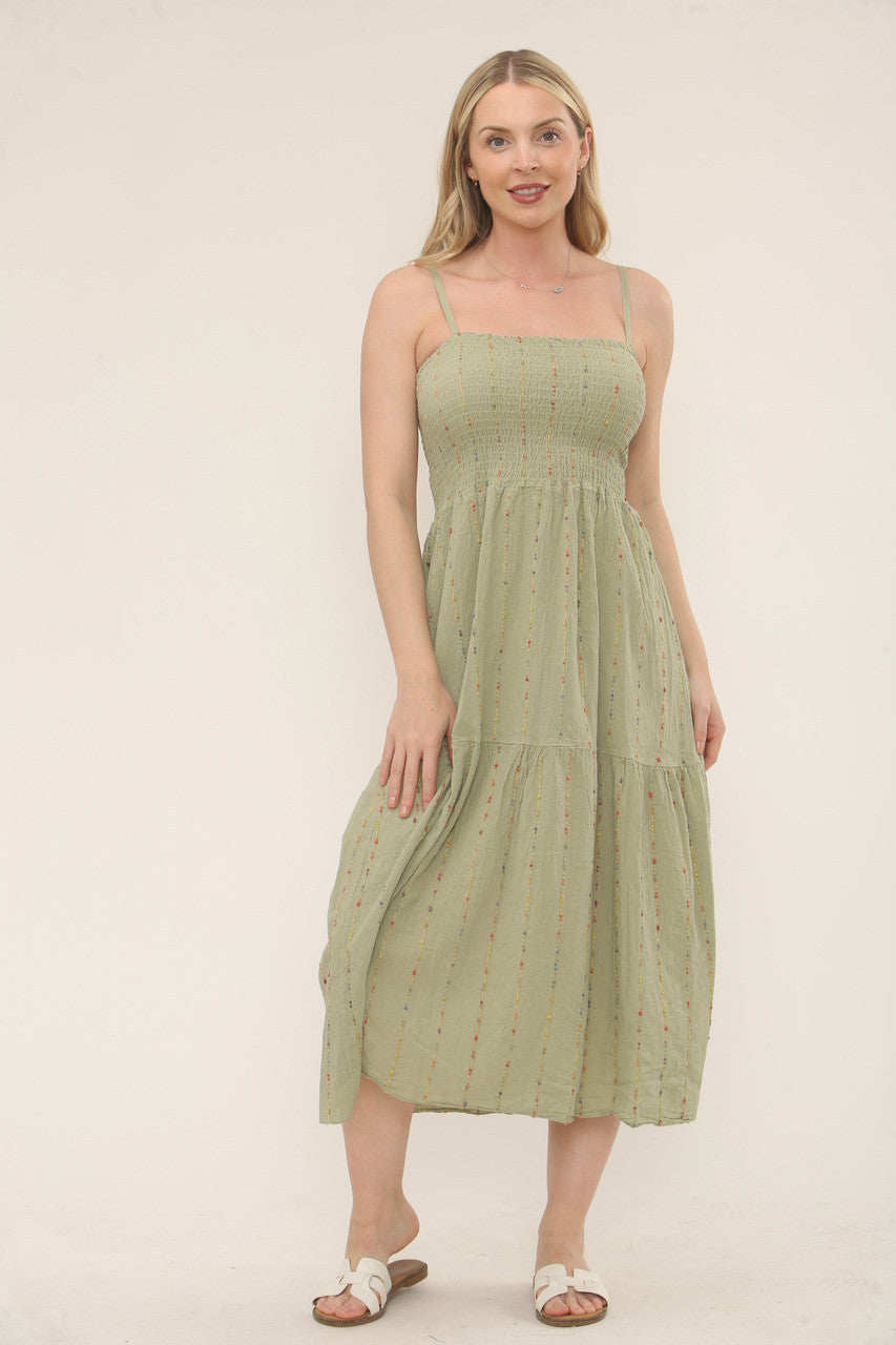 MULTICOLOUR STRIPE EMBROIDERY SHIRRED DRESS - SAGE GREEN