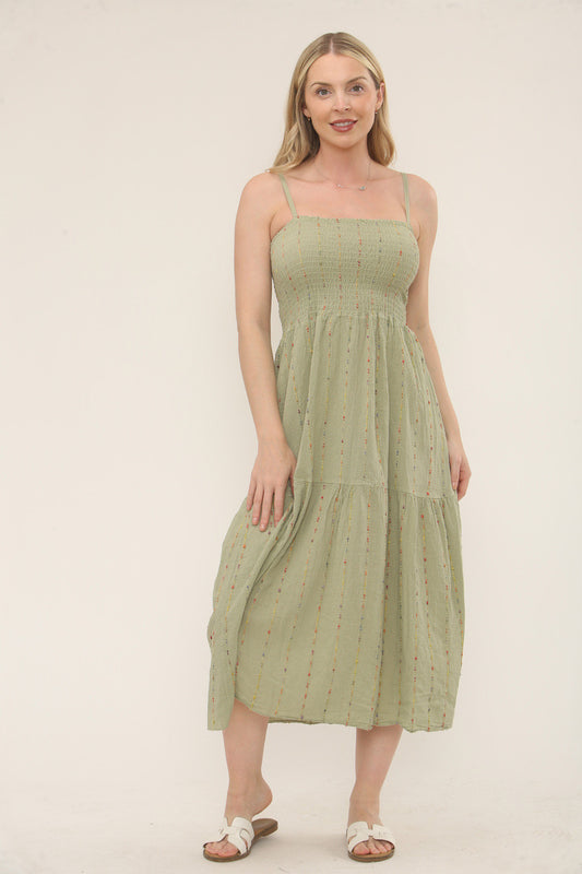 MULTICOLOUR STRIPE EMBROIDERY SHIRRED DRESS - SAGE GREEN