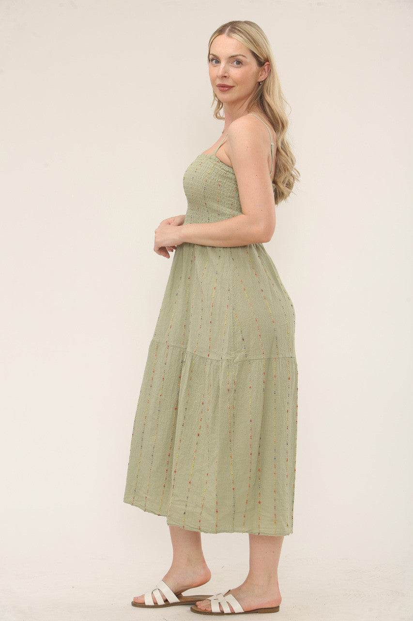 MULTICOLOUR STRIPE EMBROIDERY SHIRRED DRESS - SAGE GREEN