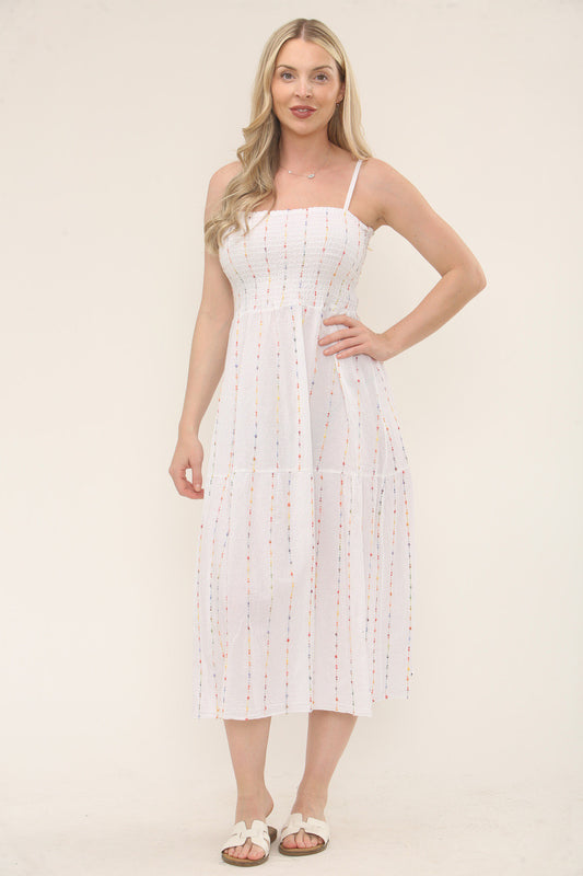 MULTICOLOUR STRIPE EMBROIDERY SHIRRED DRESS - WHITE