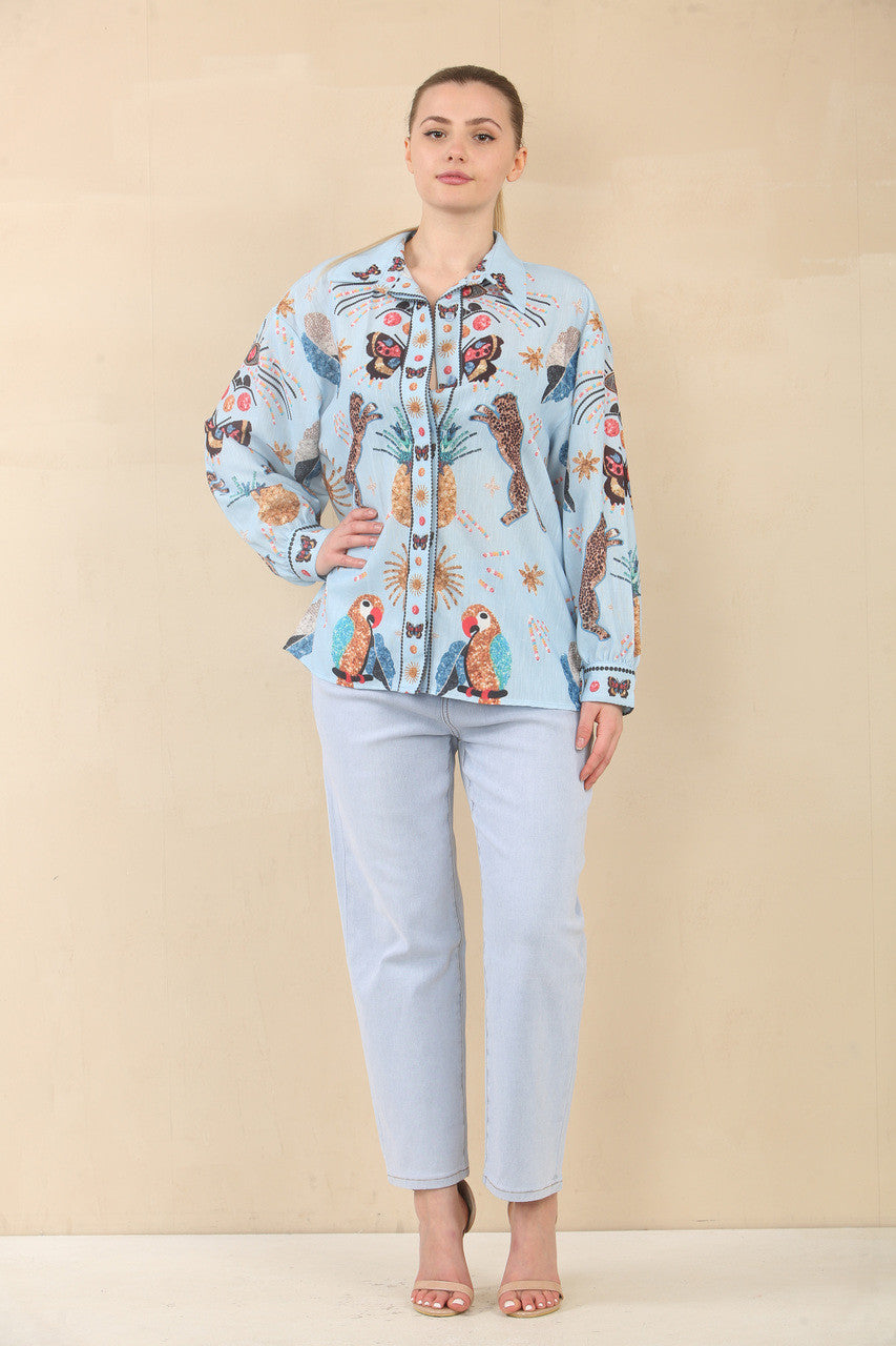 BLOUSE MET TROPISCHE PRINT EN WIJDE MOUWEN - LICHTBLAUW