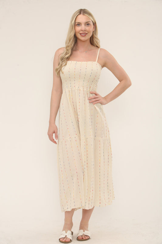 MULTICOLOUR STRIPE EMBROIDERY SHIRRED DRESS - CREAM