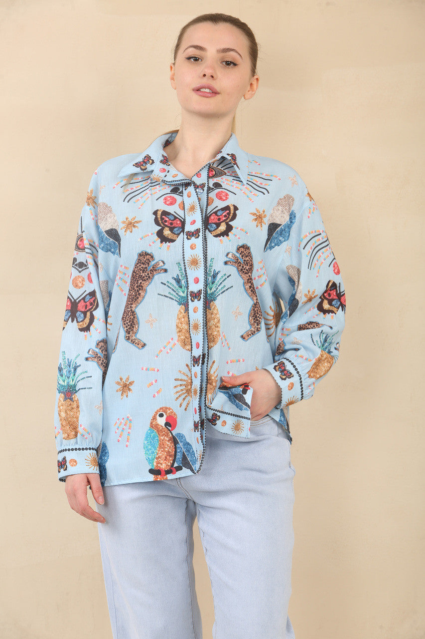 BLOUSE MET TROPISCHE PRINT EN WIJDE MOUWEN - LICHTBLAUW