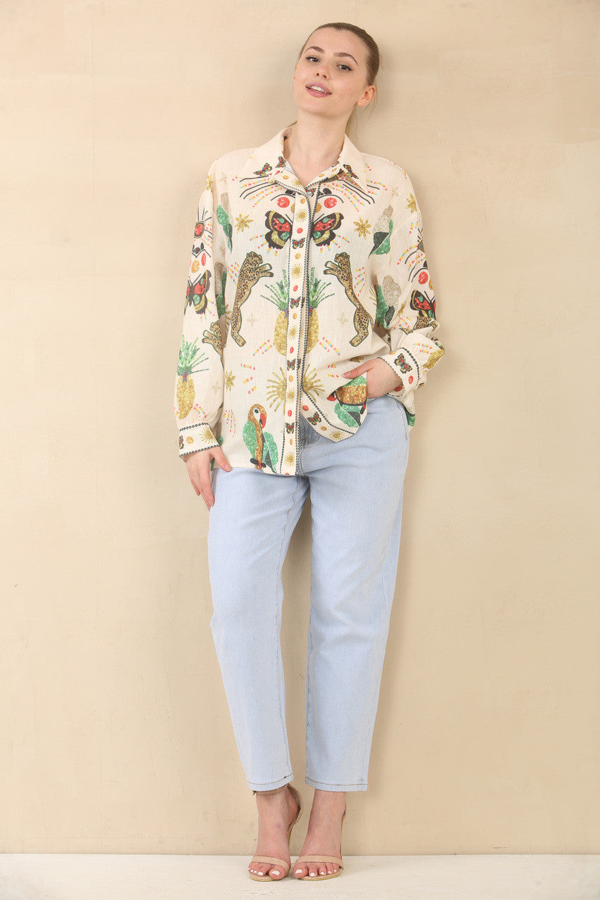 BLOUSE MET TROPISCHE WILDE ZONDAGEN PRINT - CRÈME