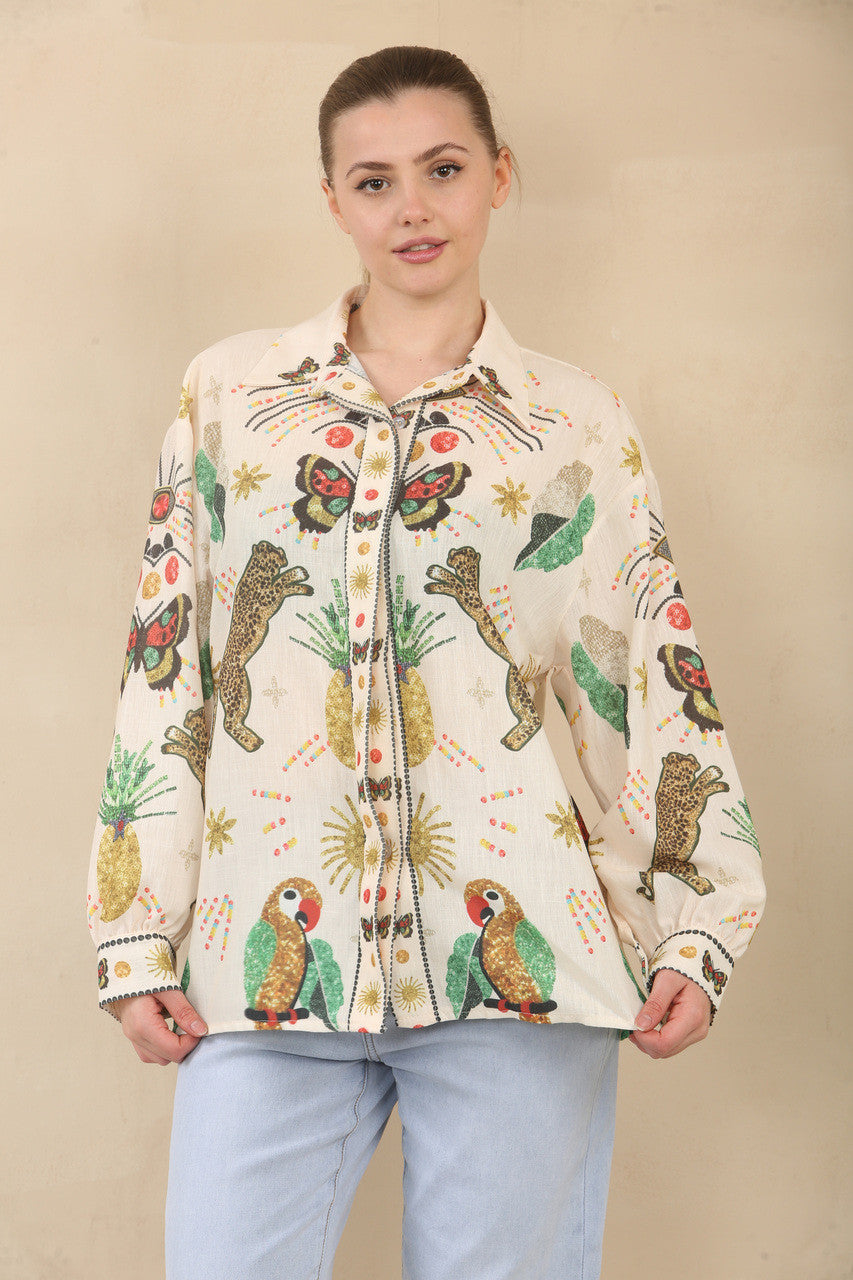 BLOUSE MET TROPISCHE WILDE ZONDAGEN PRINT - CRÈME