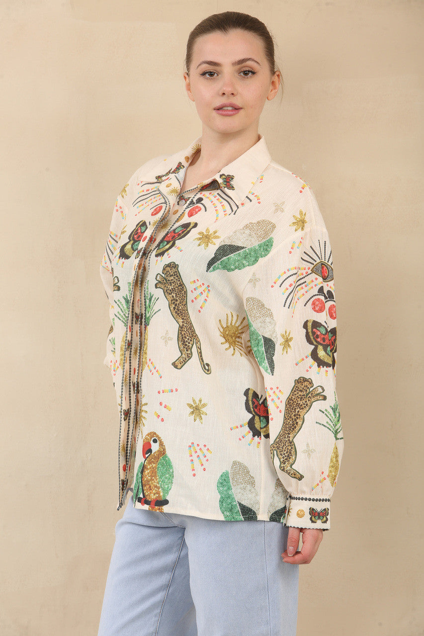 BLOUSE MET TROPISCHE WILDE ZONDAGEN PRINT - CRÈME