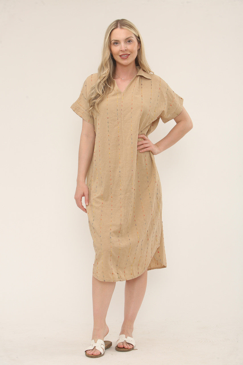 Multicolour Stripe Embroidery Midi Shirt Dress - Camel
