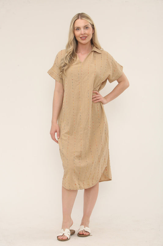 Multicolour Stripe Embroidery Midi Shirt Dress - Camel