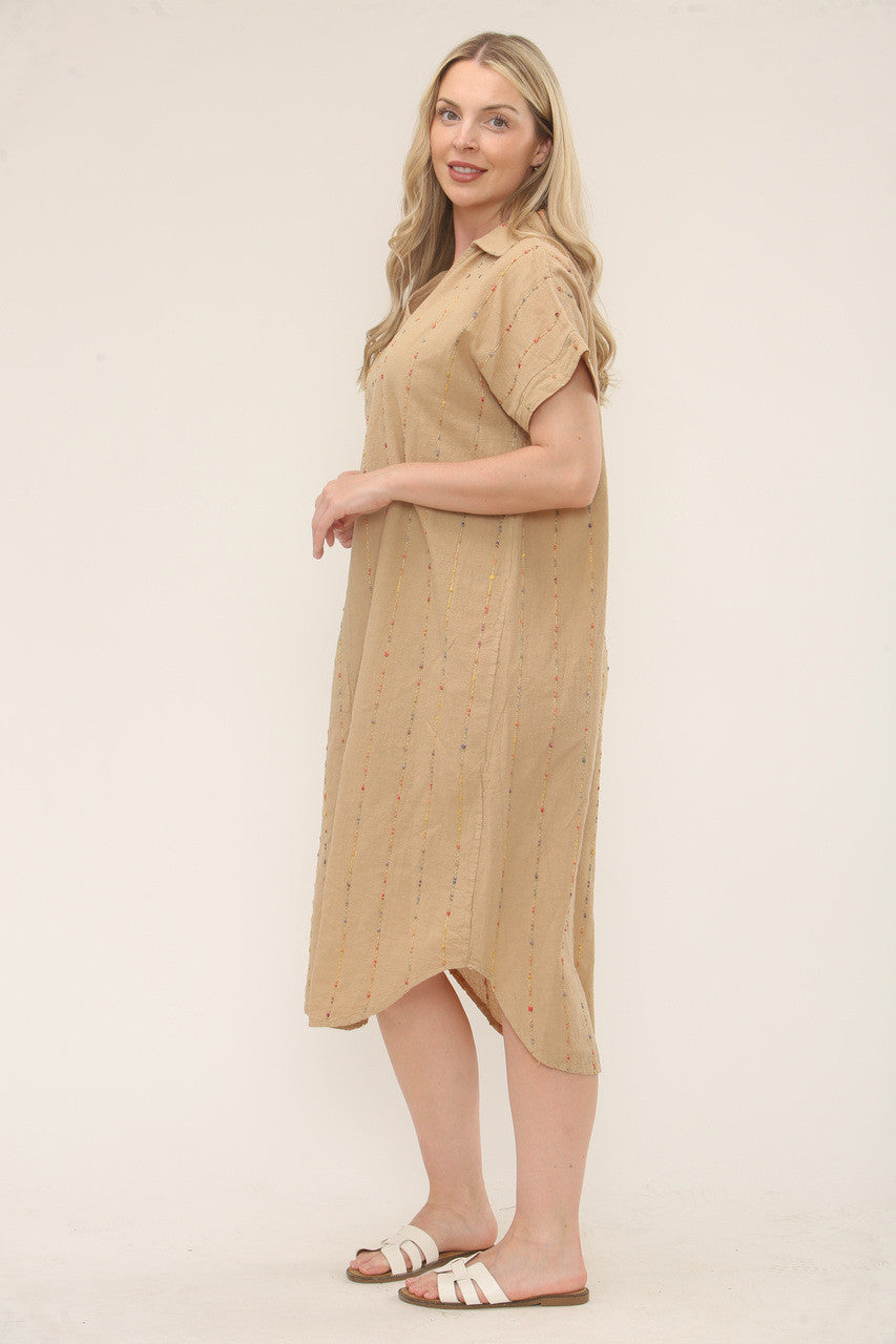 Multicolour Stripe Embroidery Midi Shirt Dress - Camel