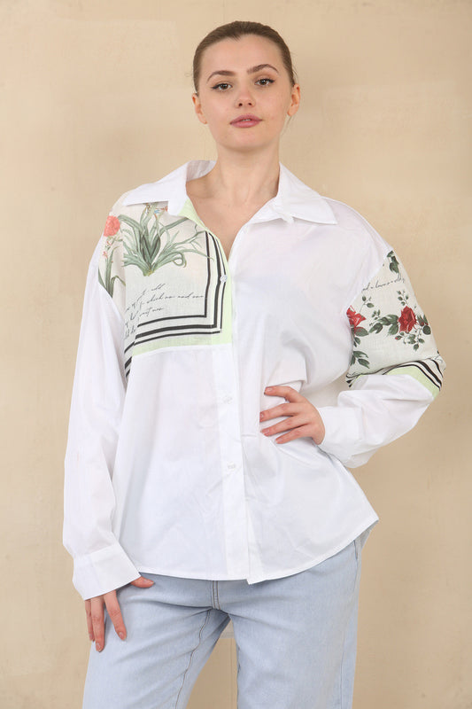 FLORAL PATCHWORK SHIRT BLOUSE TOP - GREEN BORDER