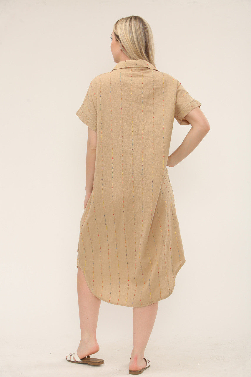 Multicolour Stripe Embroidery Midi Shirt Dress - Camel