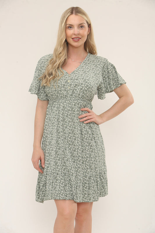 DITSY FLORAL PRINT BUTTON-FRONT DRESS - KHAKI