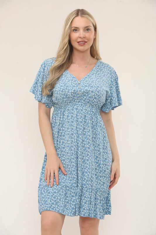 DITSY FLORAL PRINT BUTTON-FRONT DRESS - DENIM