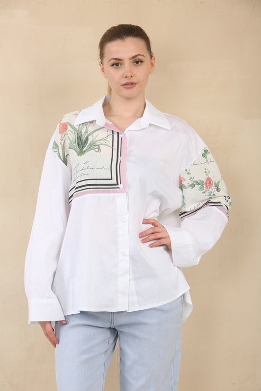 FLORAL PATCHWORK SHIRT BLOUSE TOP - PINK BORDER