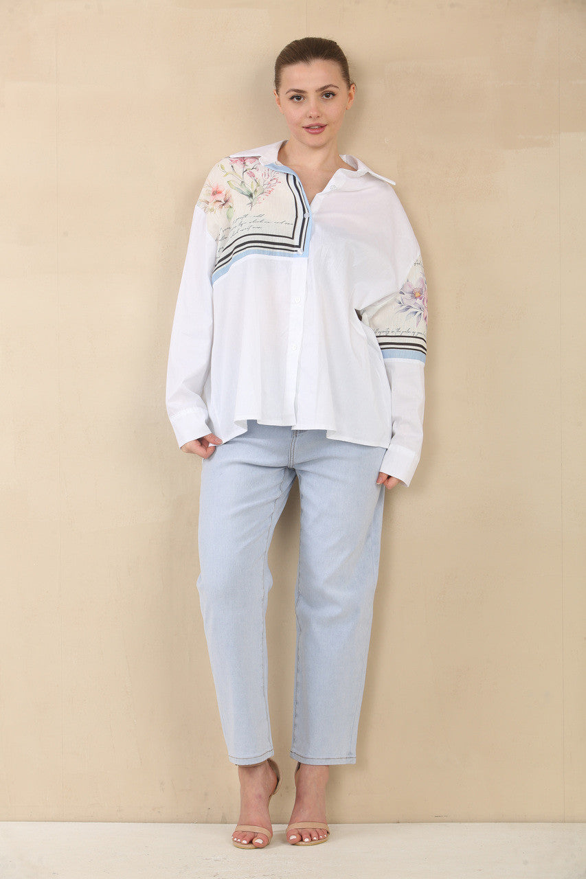 FLORALE PATCHWORK OVERHEMD BLOUSE TOP - BLAUWE RAND