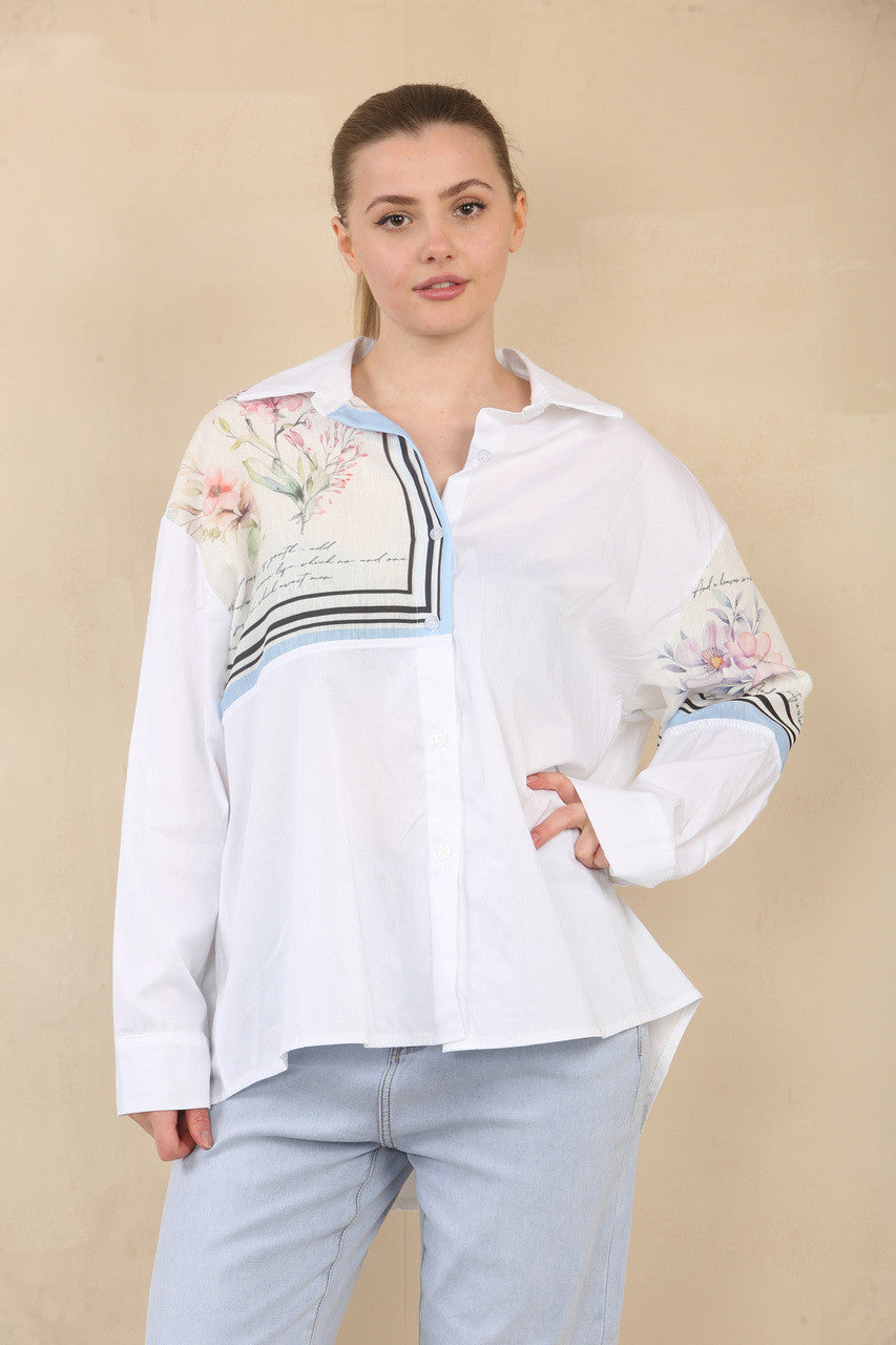FLORALE PATCHWORK OVERHEMD BLOUSE TOP - BLAUWE RAND
