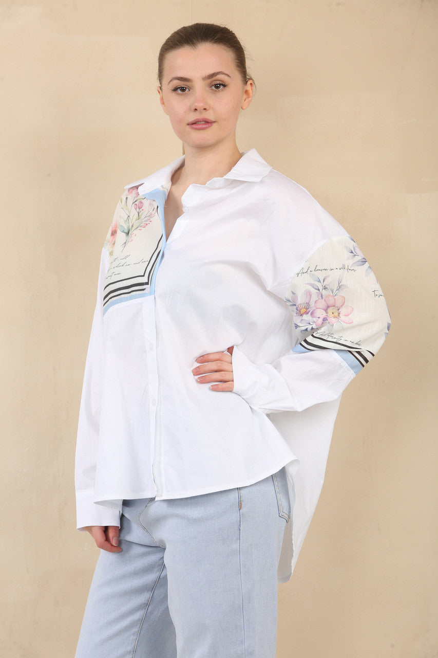 FLORALE PATCHWORK OVERHEMD BLOUSE TOP - BLAUWE RAND