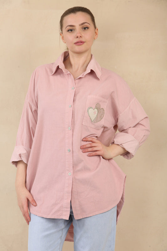 NEEDLECORD SHIRT WITH HEART STAMP POCKET DETAIL - DUSTY PINK
