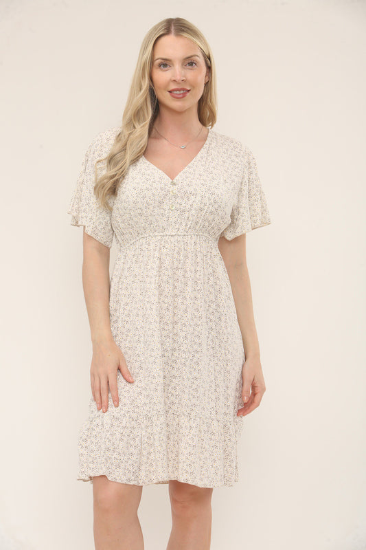 DITSY FLORAL PRINT BUTTON-FRONT DRESS - SOFT BEIGE