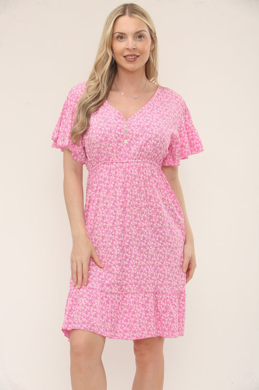 DITSY FLORAL PRINT BUTTON-FRONT DRESS - CANDY PINK