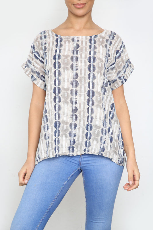 Ladies Circle Stripes Print Short Sleeved Top Stone