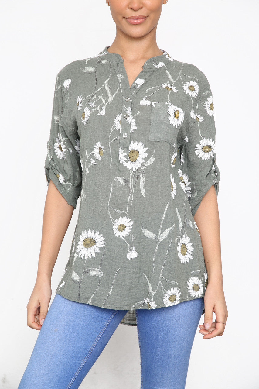 DAISY BLOEMENMIX GRANDAD OVERHEMD BLOUSE KAKI