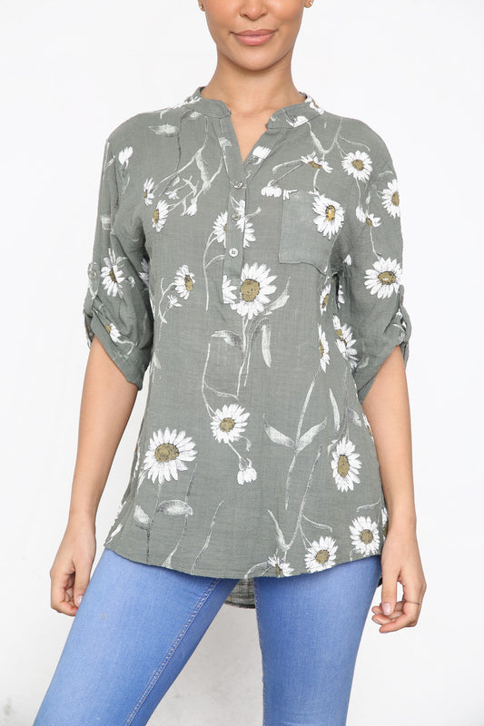 DAISY FLORAL MIX GRANDAD SHIRT BLOUSE KHAKI