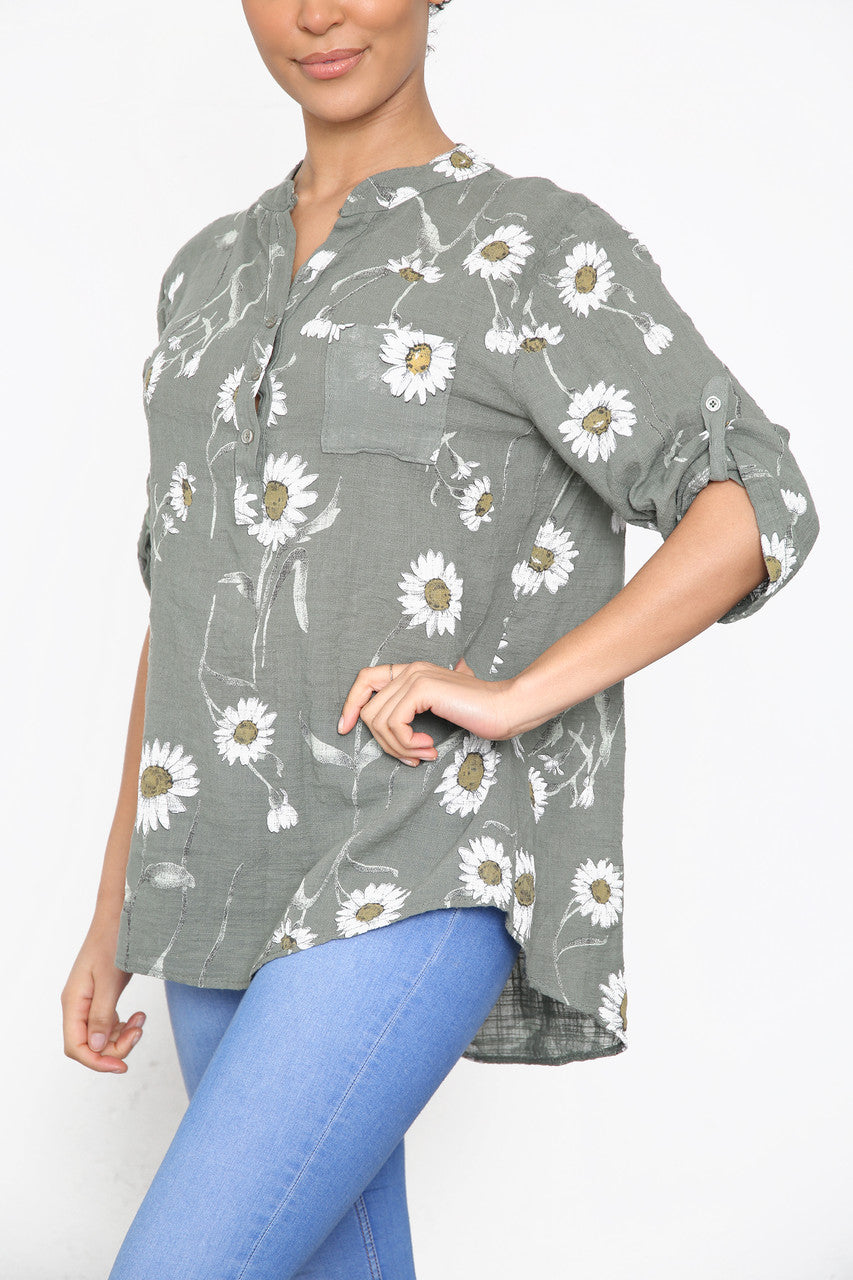 DAISY BLOEMENMIX GRANDAD OVERHEMD BLOUSE KAKI