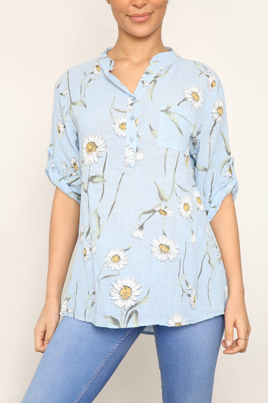 DAISY FLORAL MIX GRANDAD SHIRT BLOUSE LIGHT BLUE