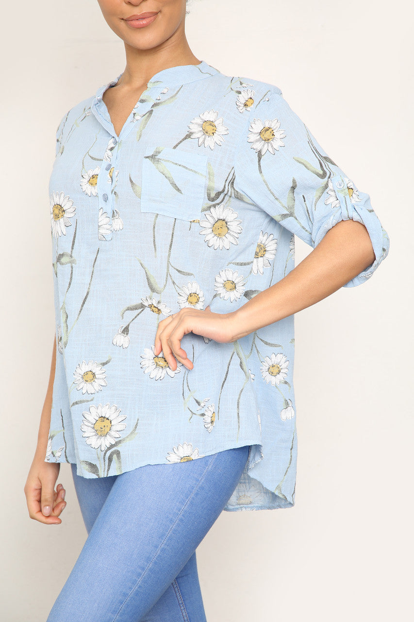 DAISY FLORAL MIX GRANDAD OVERHEMD BLOUSE LICHTBLAUW