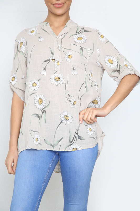DAISY FLORAL MIX GRANDAD SHIRT BLOUSE STONE