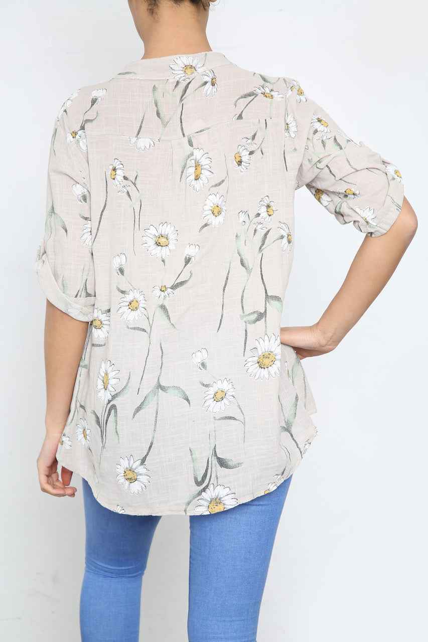 DAISY FLORAL MIX GRANDAD SHIRT BLOUSE STONE