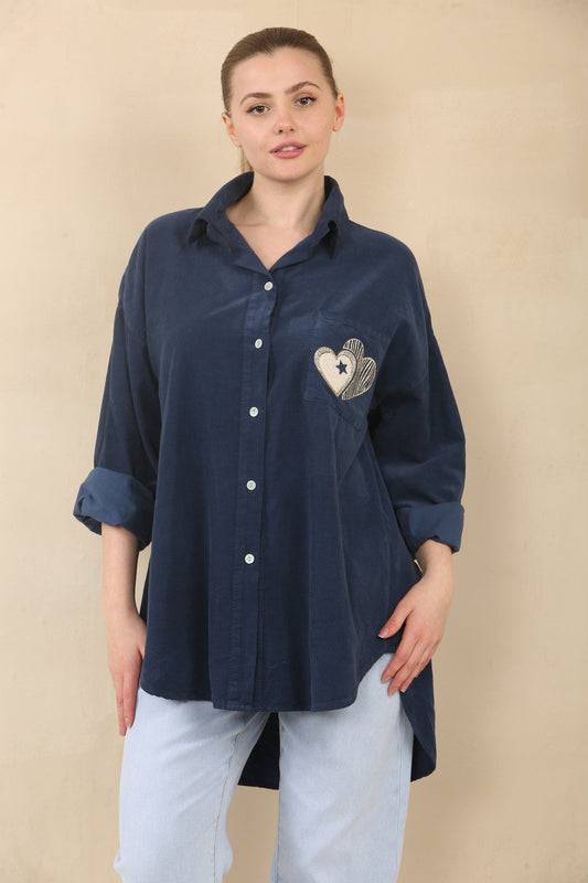 NEEDLECORD SHIRT WITH HEART STAMP POCKET DETAIL - NAVY