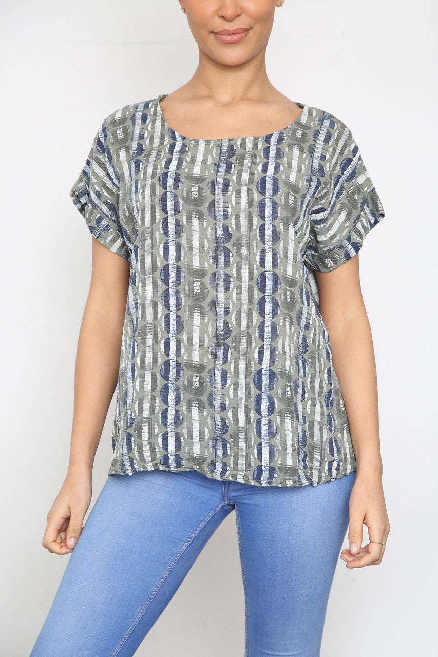 Dames T-shirt met Strepenprint en Korte Mouwen Khaki